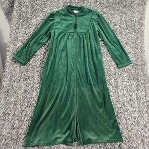 Amanda Stewart Intimates Green Velour Zip Front Robe Embroidered Maxi Sz L